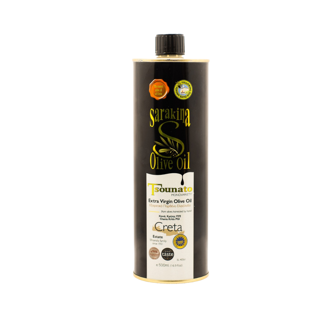 Extra Virgin Sarakina Olive Oil, from Crete. Tsounato quality Mono Variety, Unique taste.
