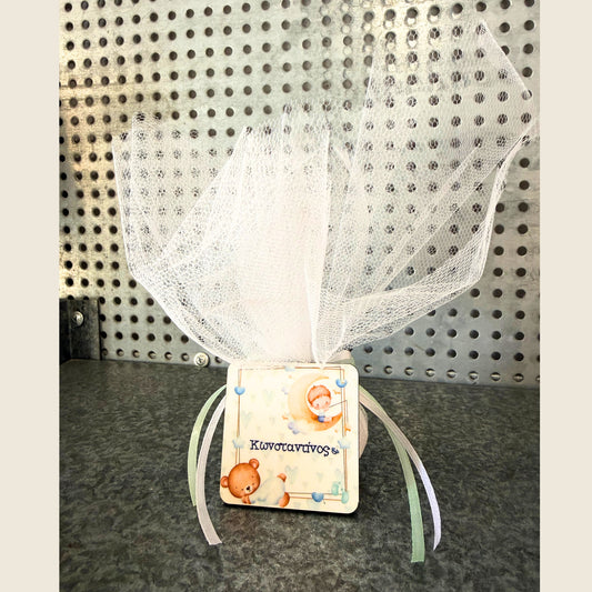 Mdf-lasinaluset tai magneetti, käsintehdyt hää- ja kastelahjat, joissa on 5 Xatzigiannakis-karkkia