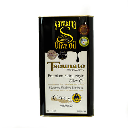 Extra Virgin Sarakina Olive Oil, from Crete. Tsounato quality Mono Variety, Unique taste. 3 litre