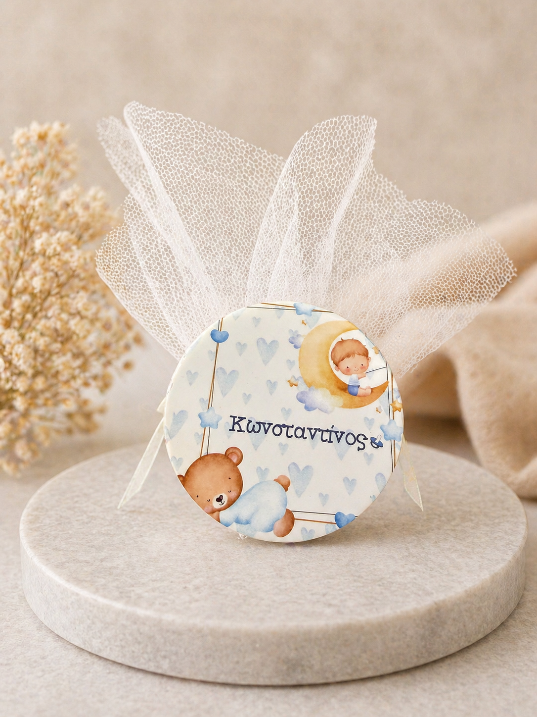 Mdf Coaster or Magnet Handmade Wedding & Baptism favors with 5 Xatzigiannakis candies Round